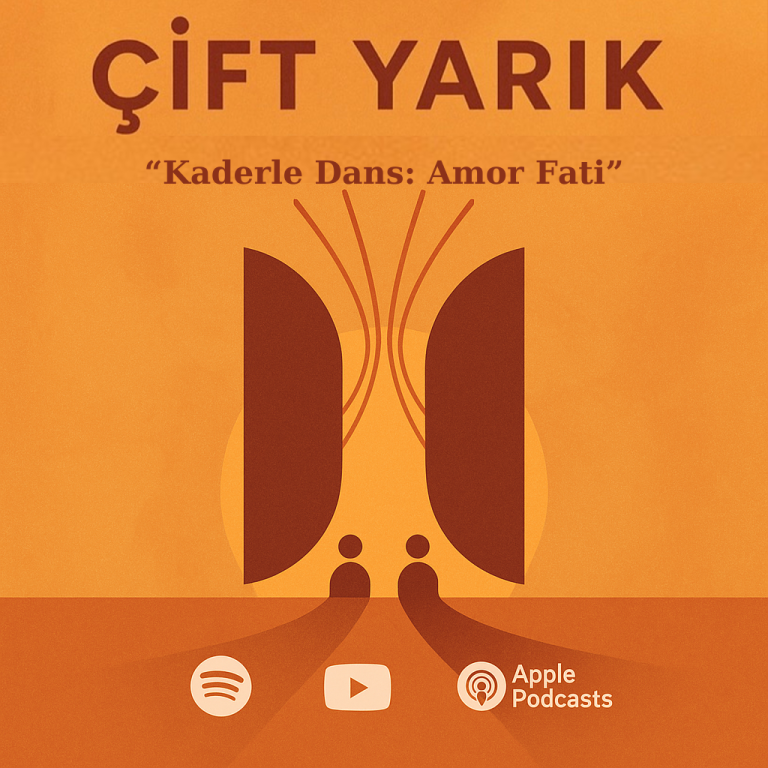 Turuncu tonlarda Çift Yarık podcast kapağı; “Kaderle Dans: Amor Fati” başlığı ile Spotify, YouTube ve Apple Podcasts simgeleri yer alıyor.