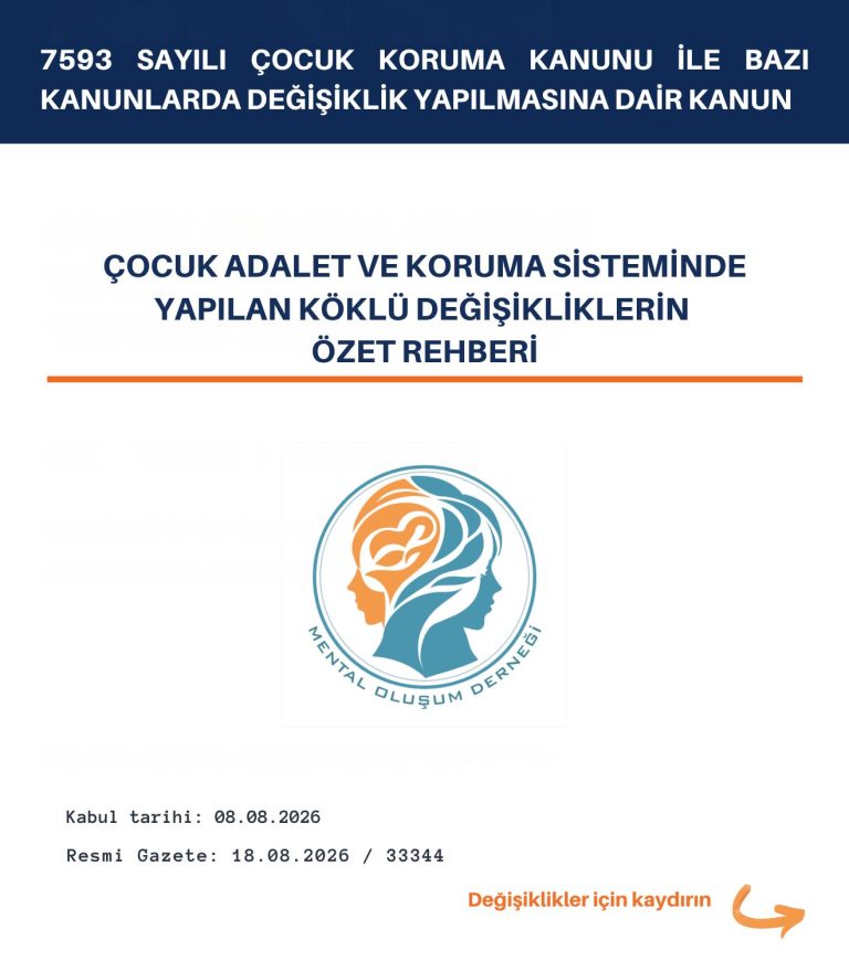 7593 sayılı Kanunla çocuk adalet ve koruma sisteminde yapılan değişiklikleri özetleyen Mental Oluşum Derneği rehber kapağı.