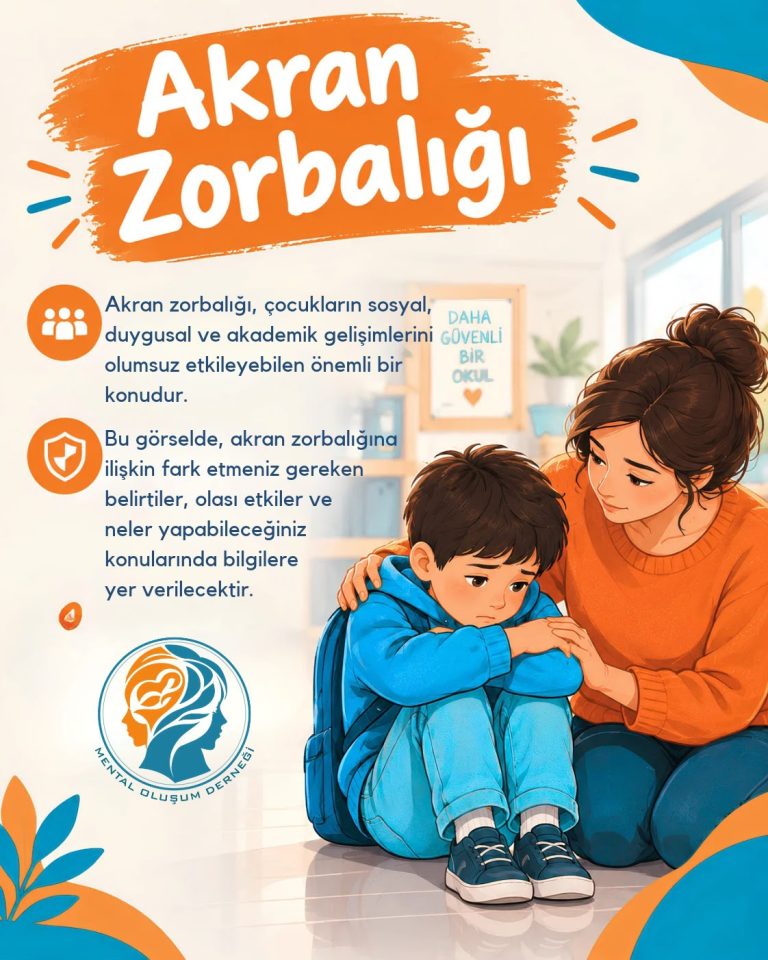 Akran zorbalığının çocuklar üzerindeki etkileri, belirtileri ve ebeveynlerin yapabilecekleri hakkında Mental Oluşum Derneği bilgilendirme görseli.
