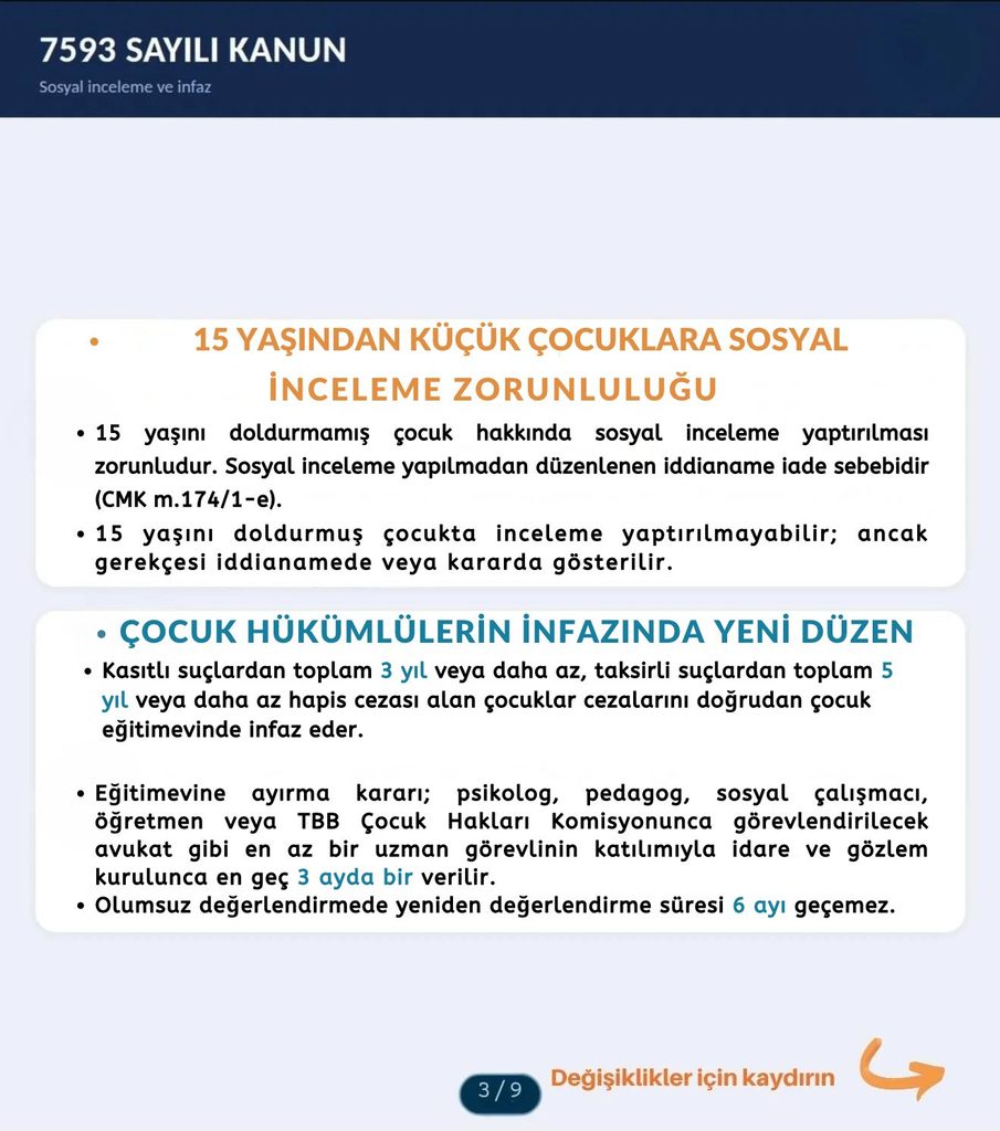 15 yaşından küçük çocuklarda zorunlu sosyal inceleme ile çocuk hükümlülerin eğitimevlerinde infazına ilişkin yeni düzenlemeleri özetleyen bilgi görseli.