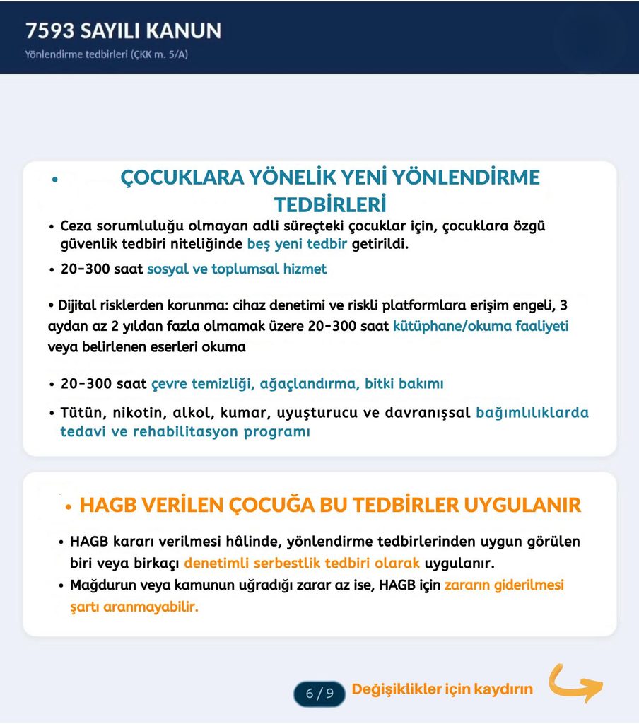 Çocuklara yönelik sosyal hizmet, dijital risklerden korunma, okuma, çevre faaliyeti ve rehabilitasyon tedbirleri ile HAGB durumundaki uygulamaları özetleyen bilgi görseli.
