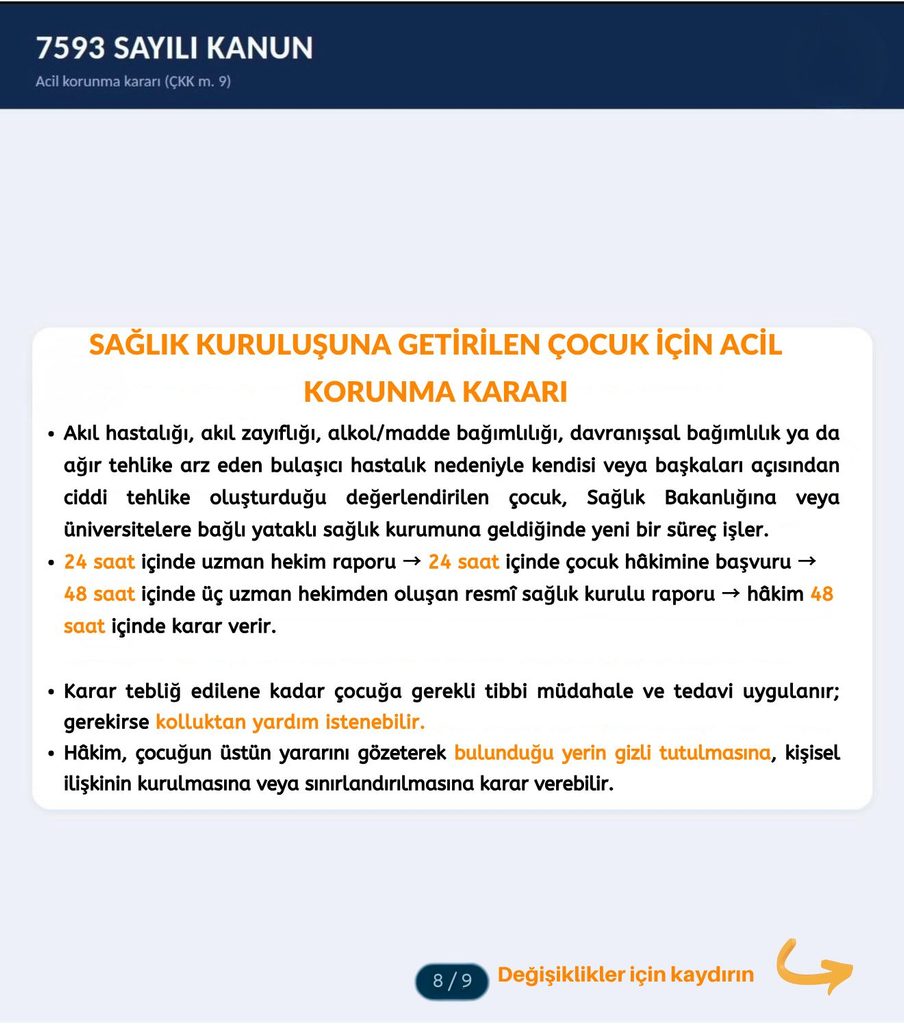 Sağlık kuruluşuna getirilen çocuklarda acil korunma kararının uzman hekim raporu, çocuk hâkimine başvuru ve sağlık kurulu aşamalarını gösteren bilgi görseli.