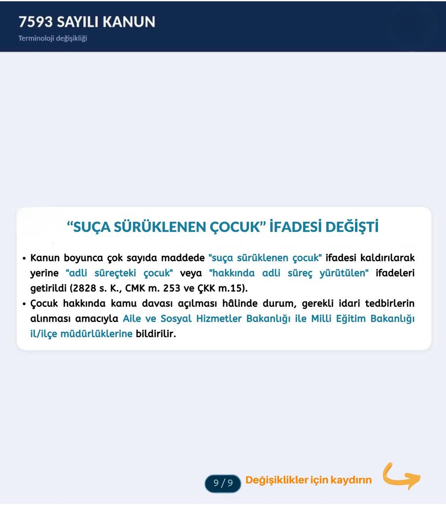 7593 sayılı Kanunla “suça sürüklenen çocuk” ifadesinin yerine “adli süreçteki çocuk” ve “hakkında adli süreç yürütülen” ifadelerinin getirildiğini açıklayan bilgi görseli.